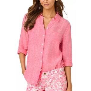 Lilly Pulitzer Pink Sea View 100% Linen Button Down Blouse Preppy Coastal Chic M